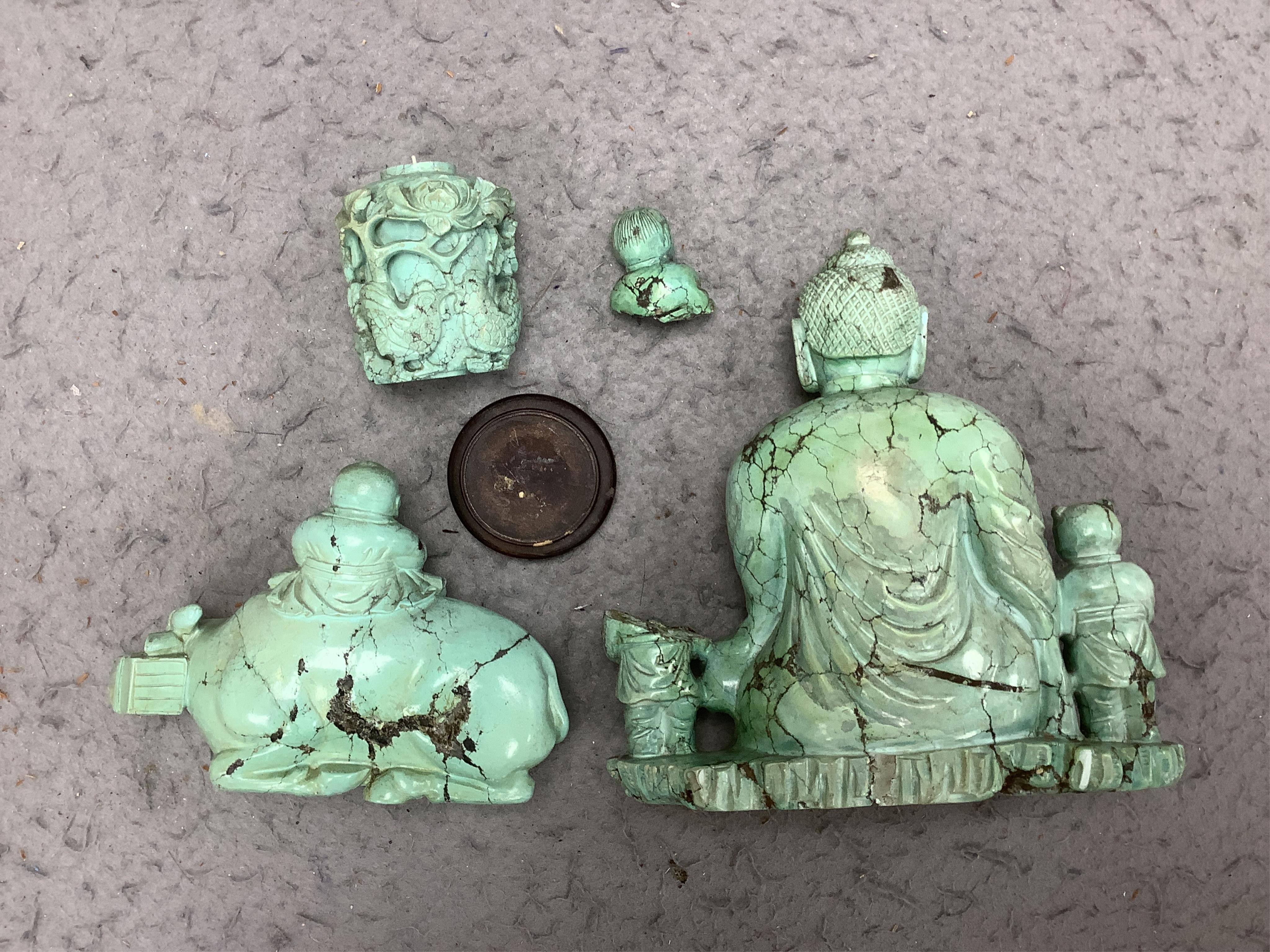 A group of Chinese turquoise matrix carvings, comprising a boy on a buffalo, 5.5in. a brushwasher, 7in. a vase and cover, 6.5in. a snuff bottle and a figure of a woman, 4.5in. (all a.f.)